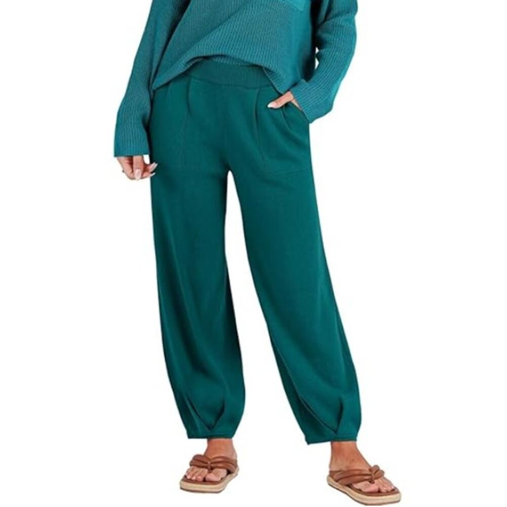 Teal Loungewear Knit Pant Womens S High Rise Elastic Waist Oversized Fit Pleated